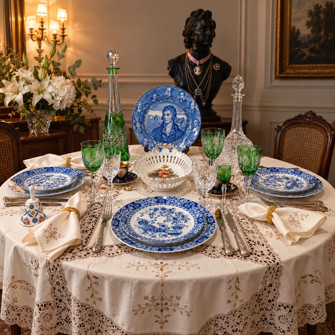 Mesa tendida con vajilla azul y blanca, licoreras y copas de cristal verde