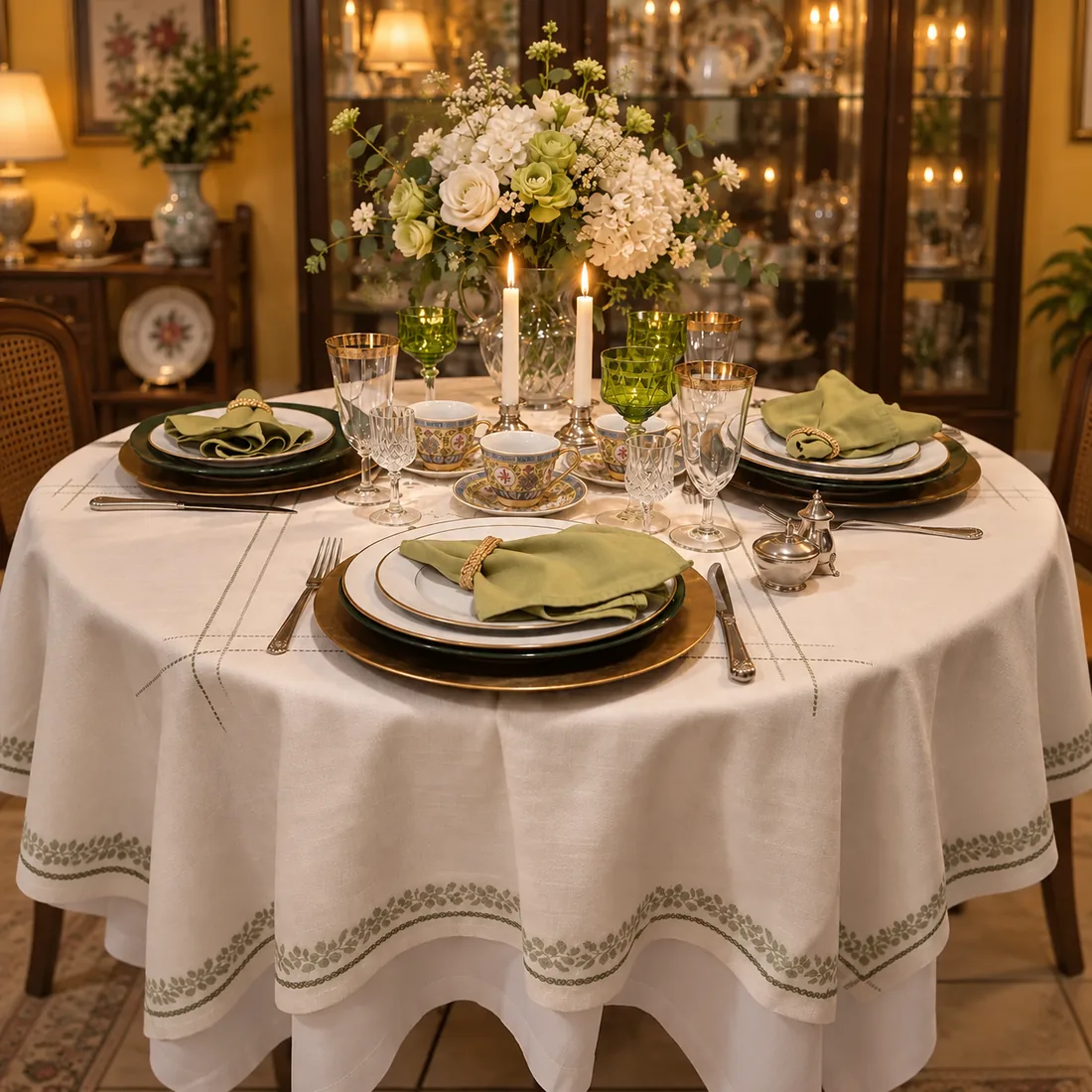 Mesa tendida con mantel de lino bordado, copas de cristal verde y porcelana
