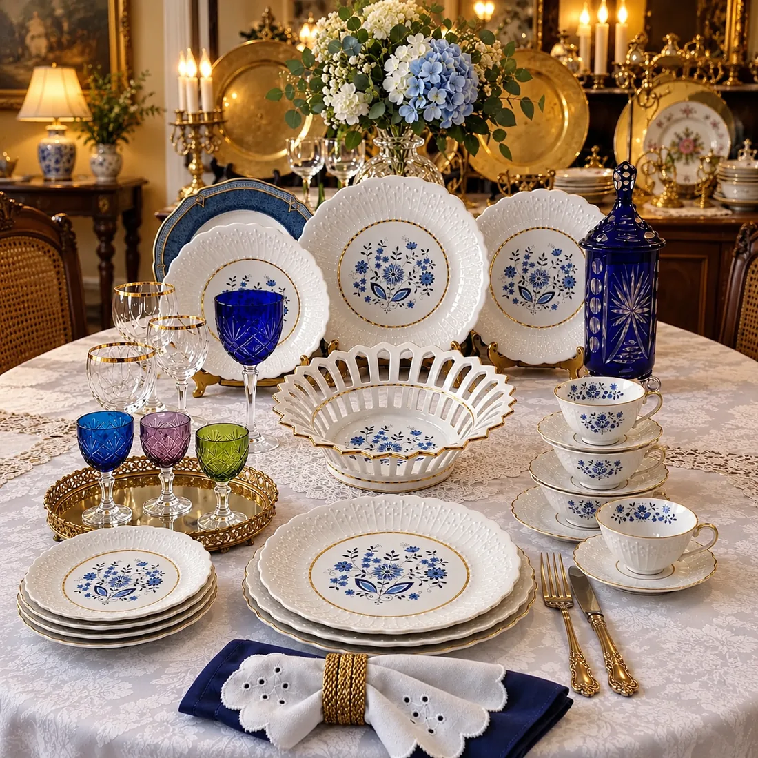 Platos y tazas de porcelana con flores azules junto a copas de colores
