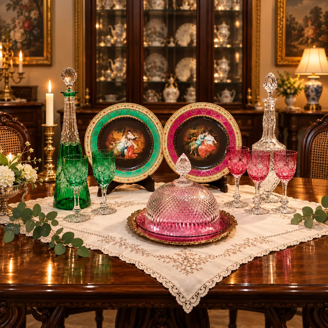 Platos de porcelana pintados a mano, licoreras y copas de cristal tallado