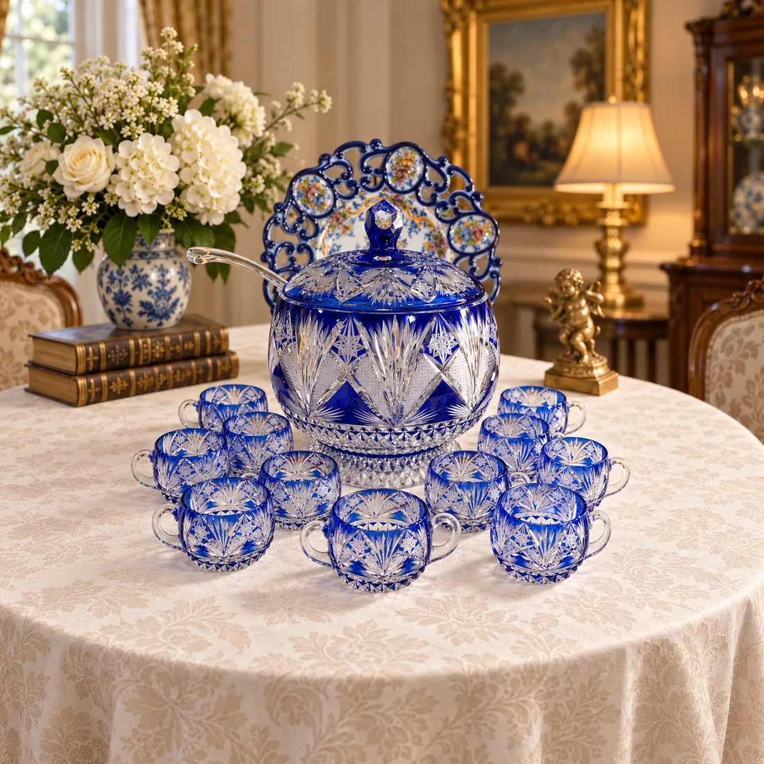 Ponchera de cristal tallado azul cobalto con sus tazas