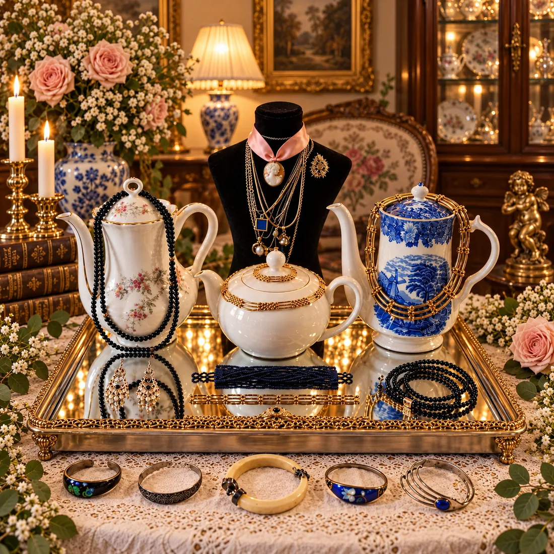 Teteras de porcelana y joyería antigua sobre bandeja espejada